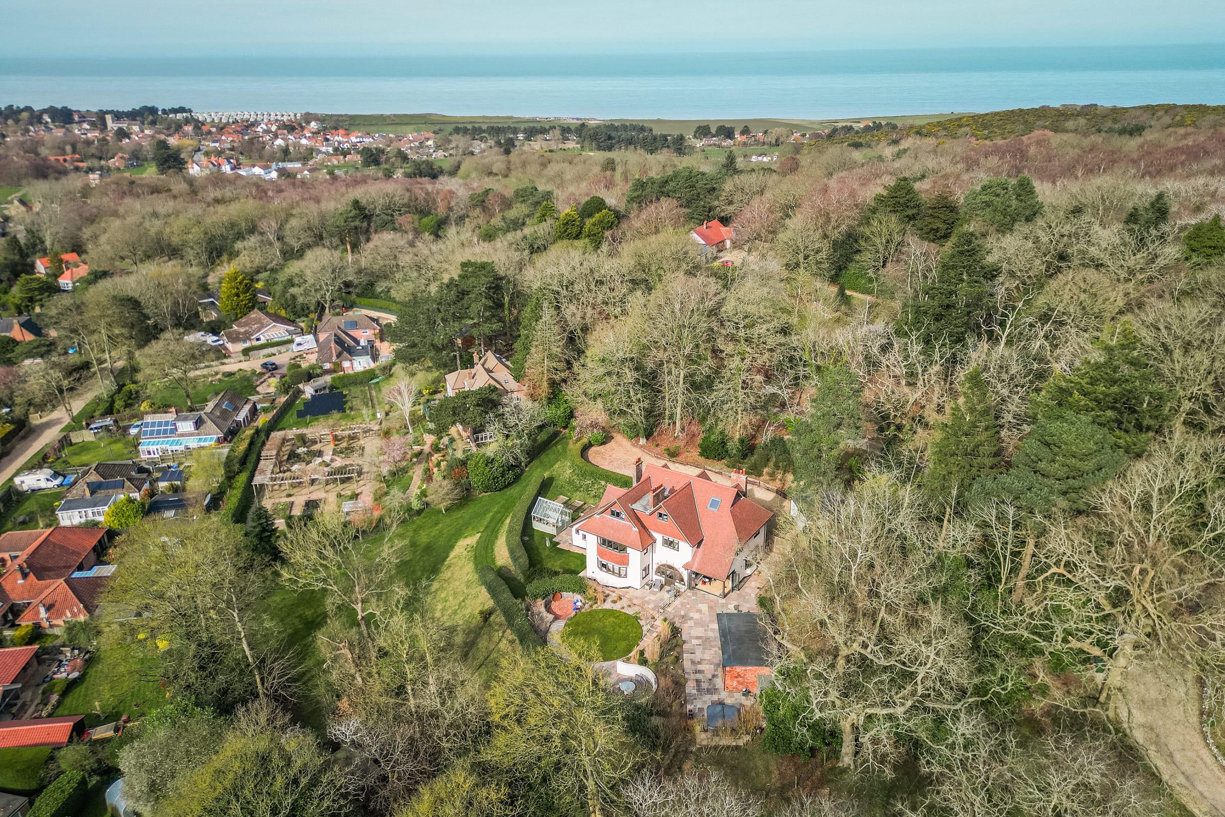 From above — grounds, woodland, and the coast beyond